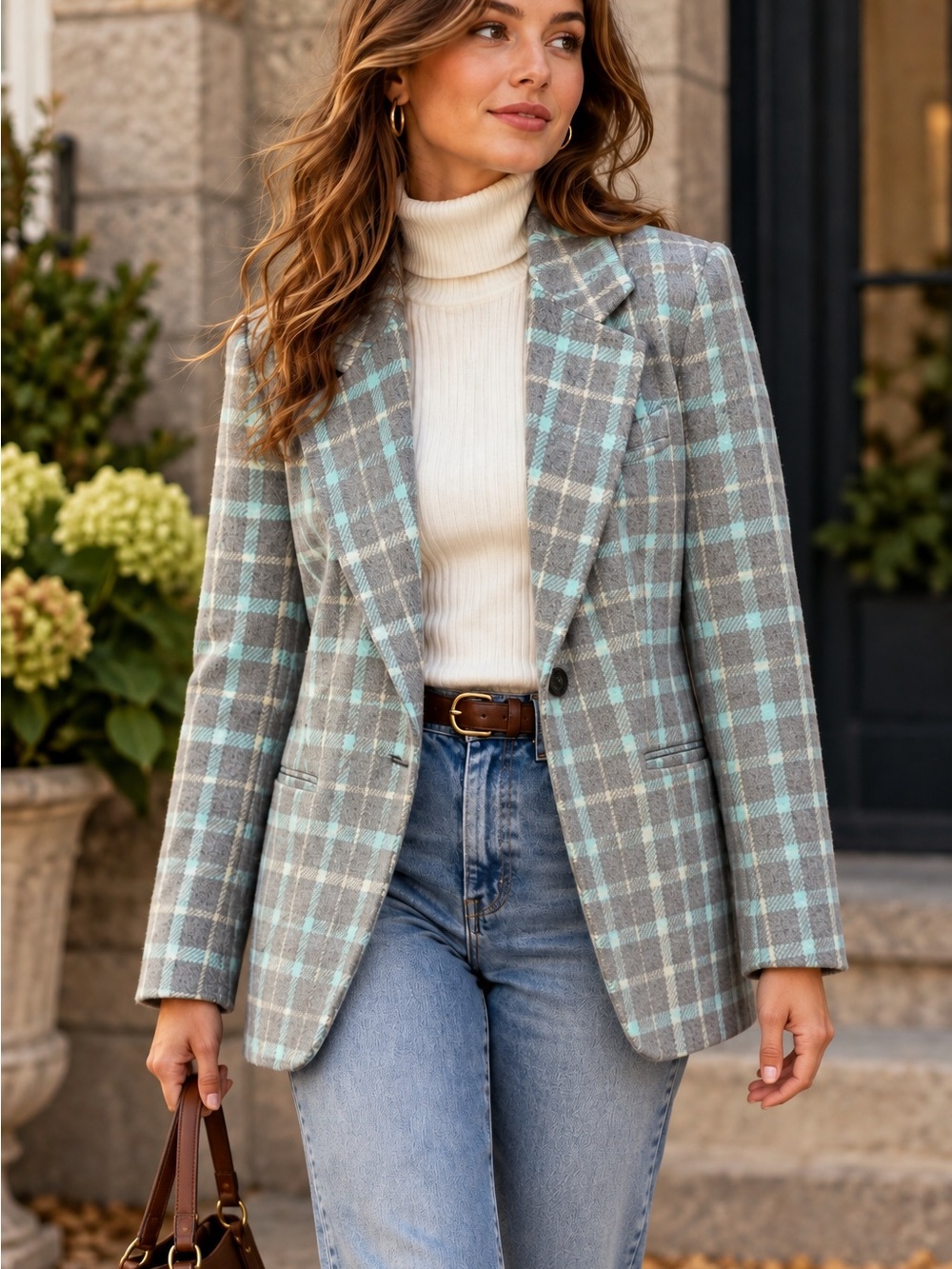 Vintage White Stag Wool Blend Plaid Blazer Gray Aqua Preppy Academia Jacket